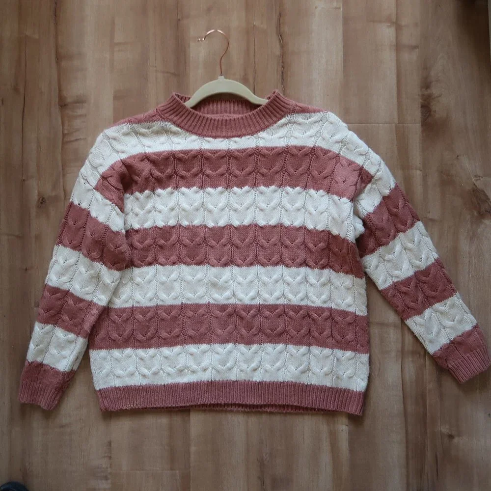 Mango Peach & White Cable Knit Chunky Sweater - Picture 10 of 13
